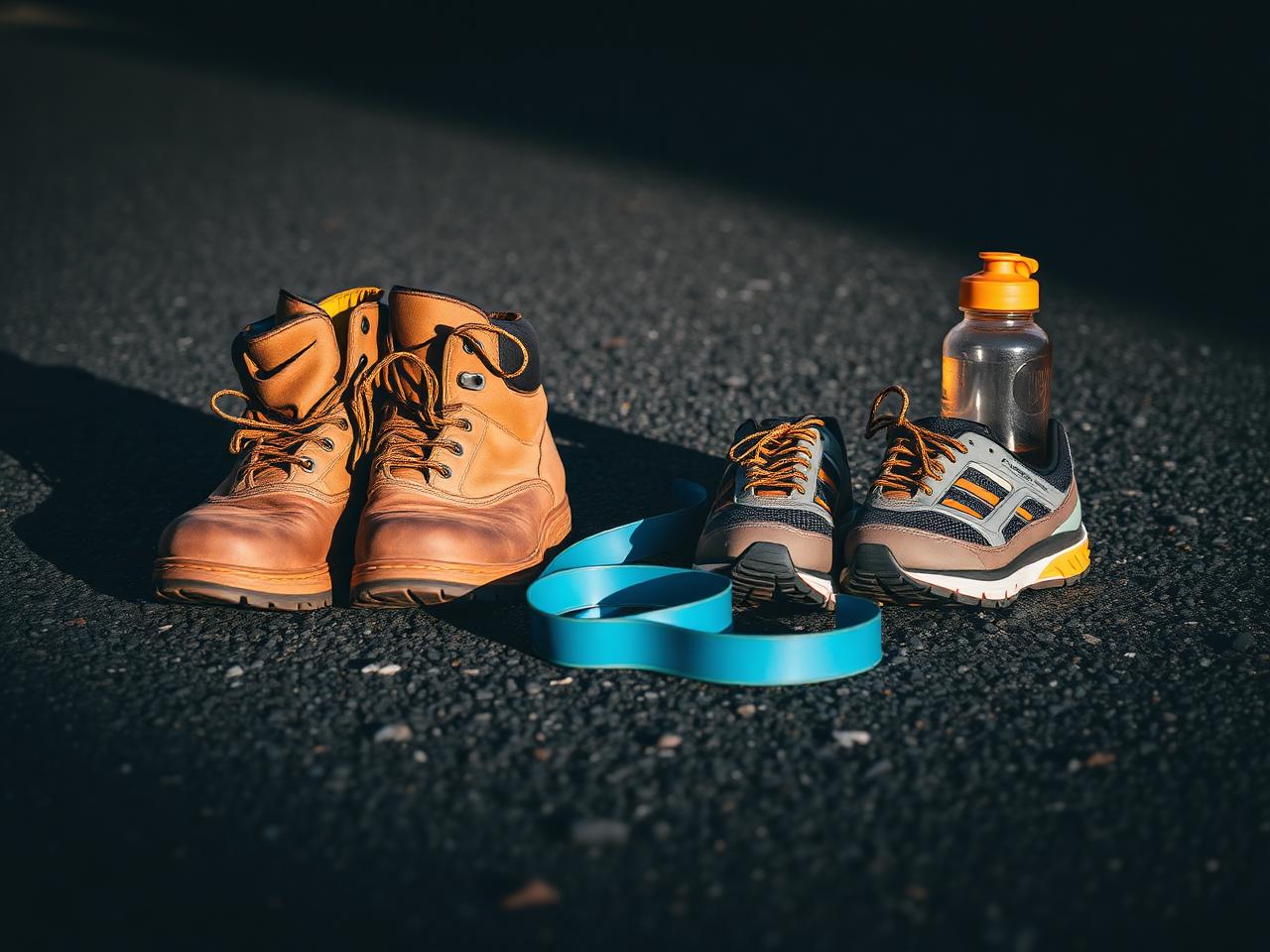 Work boots and running shoes side by side on tarmac