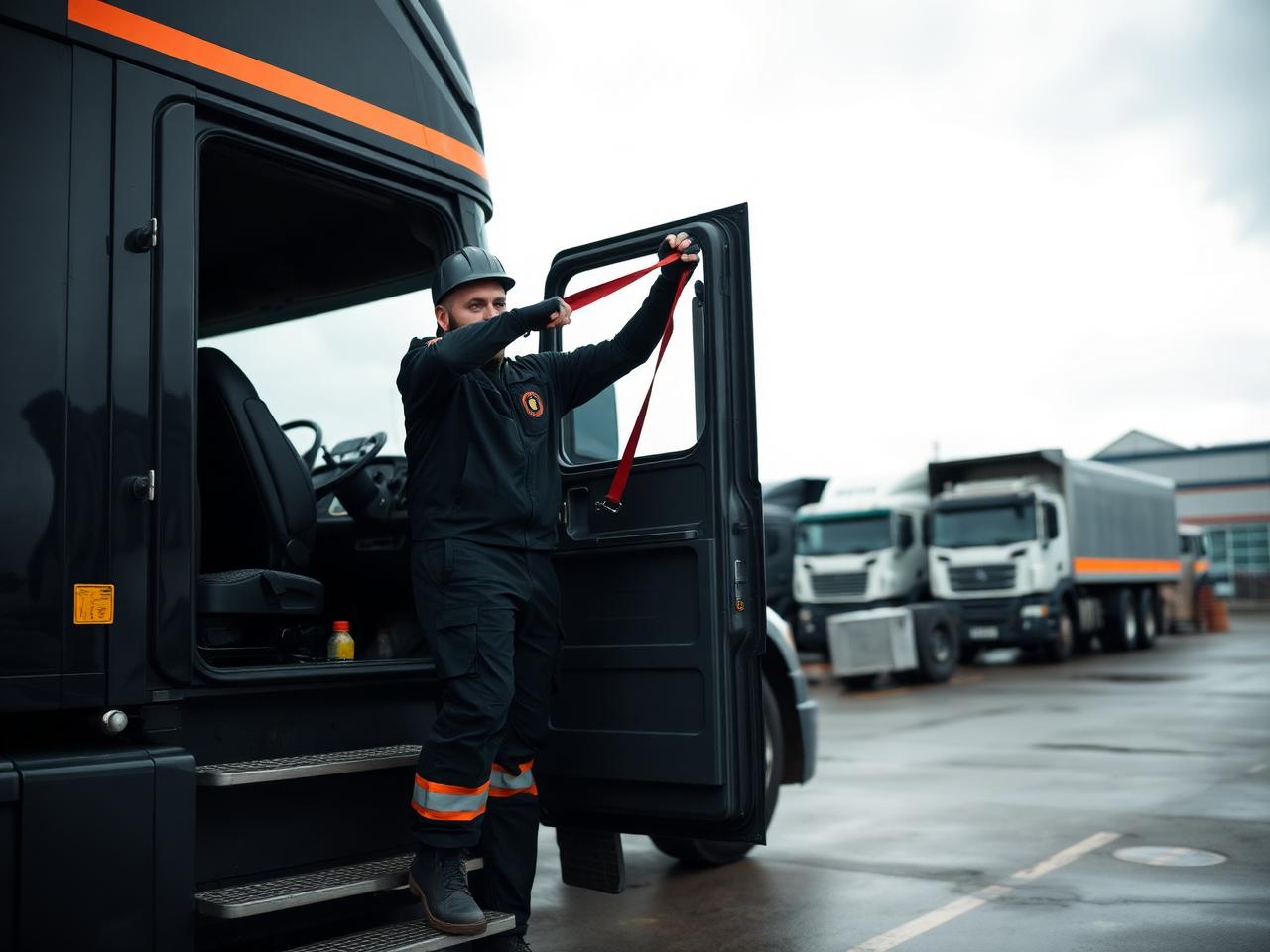 A driver training with a resistance band beside his truck cab
