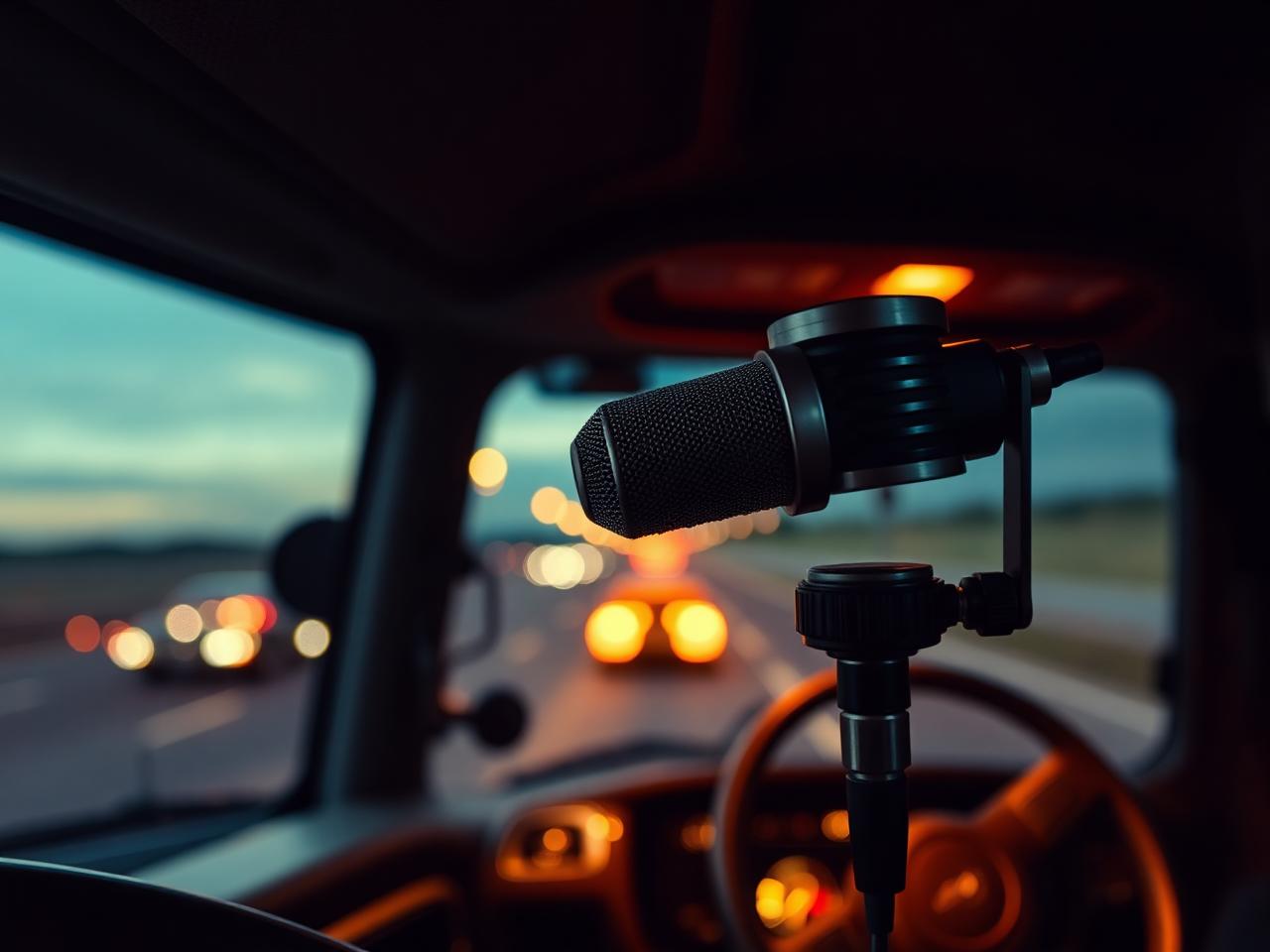 A podcast microphone inside a truck cab at dusk