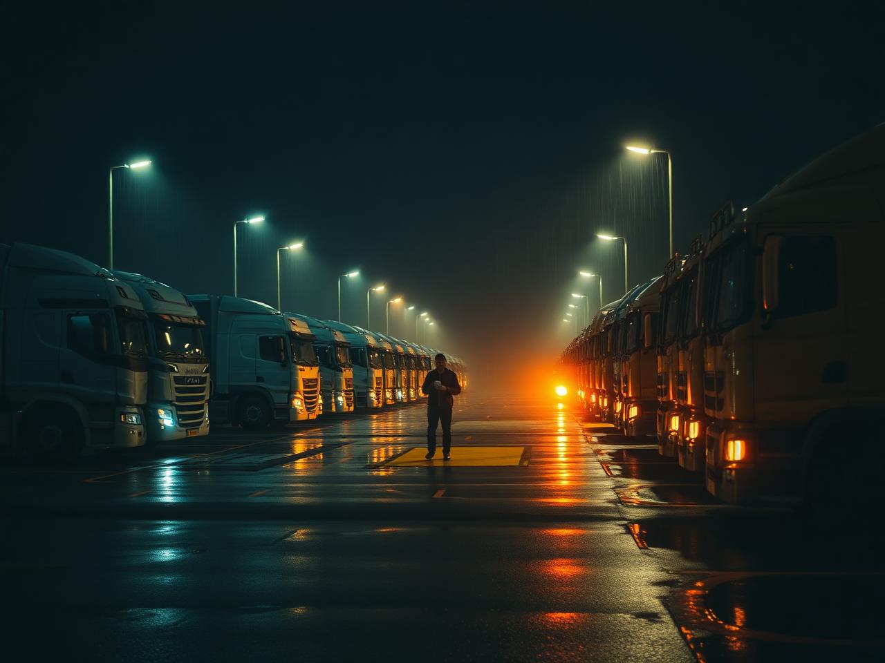 A driver walking between parked lorries at a truck stop at night